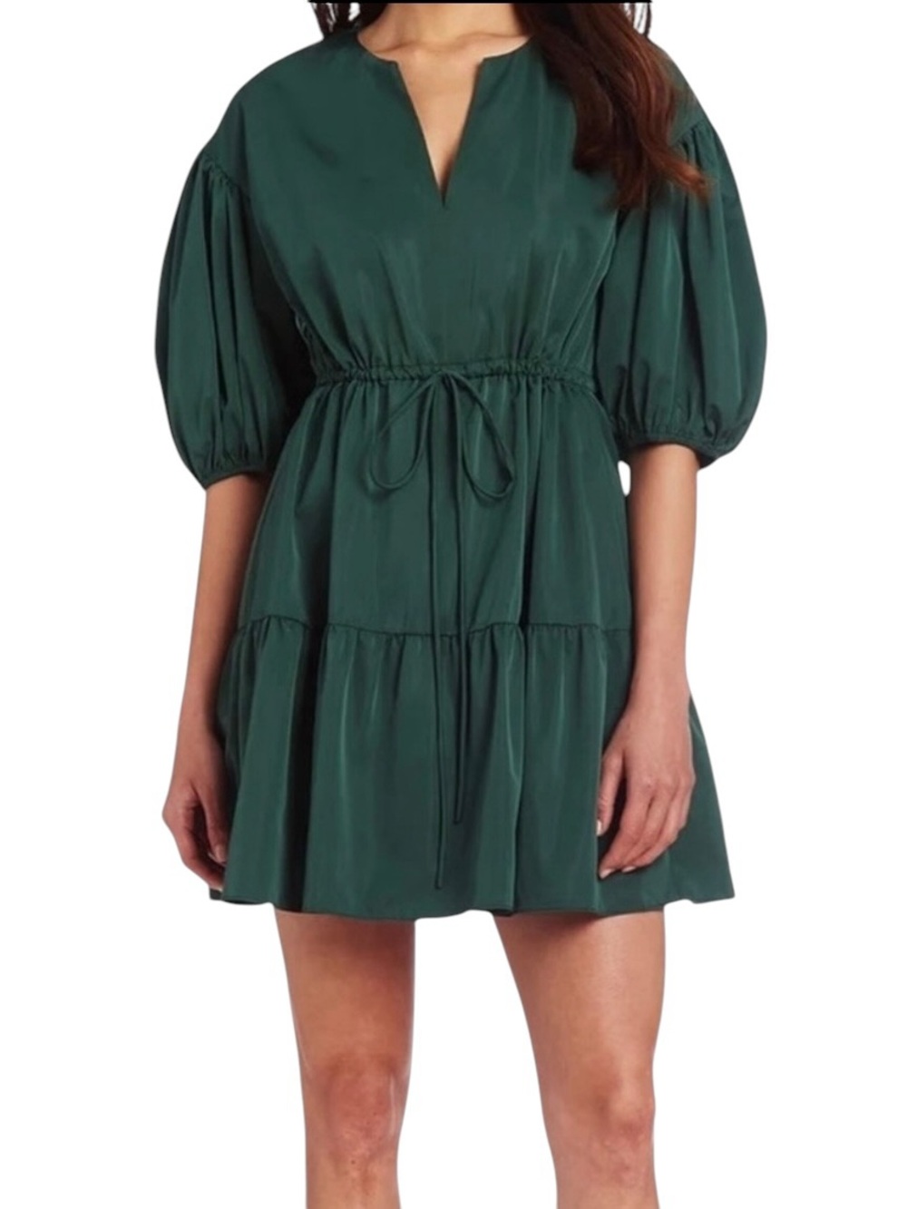 Amanda Uprichard Newbury Elbow Sleeve Split Neck Tiered Mini Dress, Size S